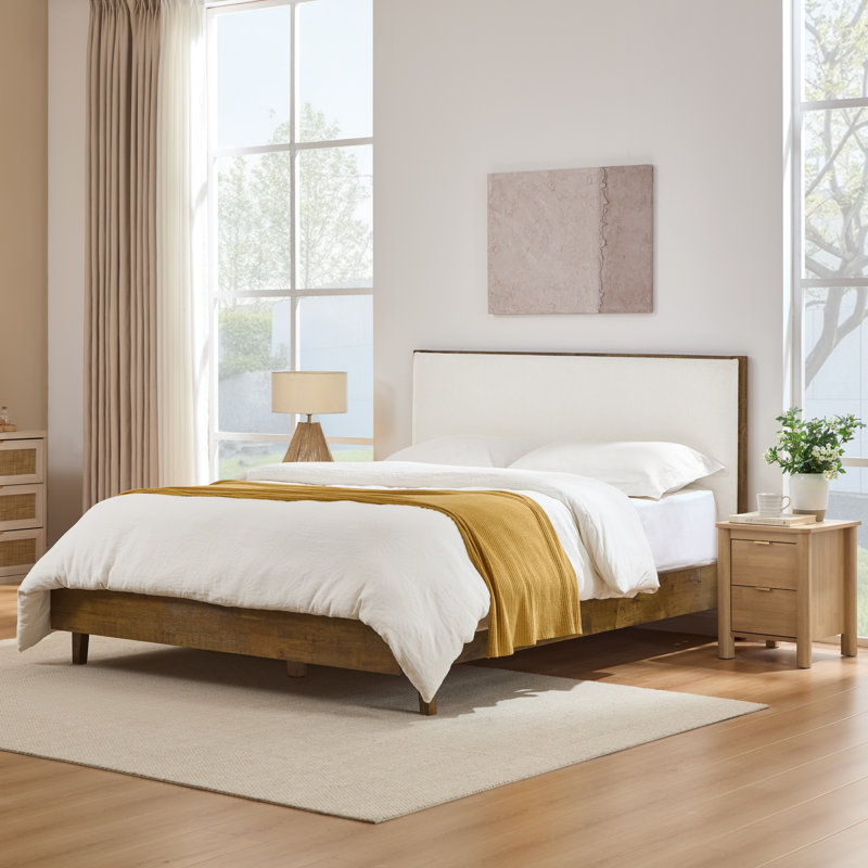 Rezana Solid Wood Boucle Upholstered Headboard Bed Frame, Walnut, Queen