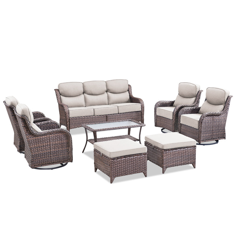 Smilario 8-Piece All Weather Wicker Patio Furniture Set With 4 Swivel Gliders, Ottomans And Coffee Table, Beige, Brown
