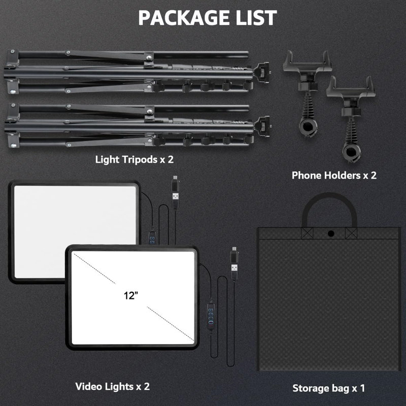 Ensemble de 2 lumières vidéo à DEL avec support pour trépied et support pour téléphone, éclairage de studio à intensité variable 2800-6500K