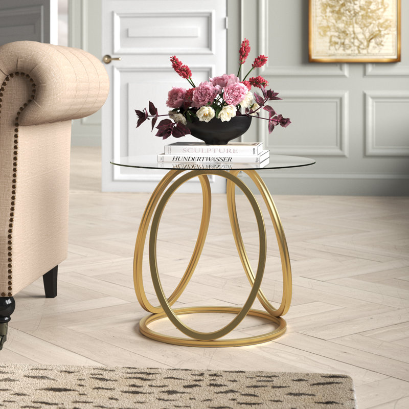 23.6" Round Glass End Table, Modern Style Tall Side Table for for Living Room, Balcony, Bedroom, Matte Gold