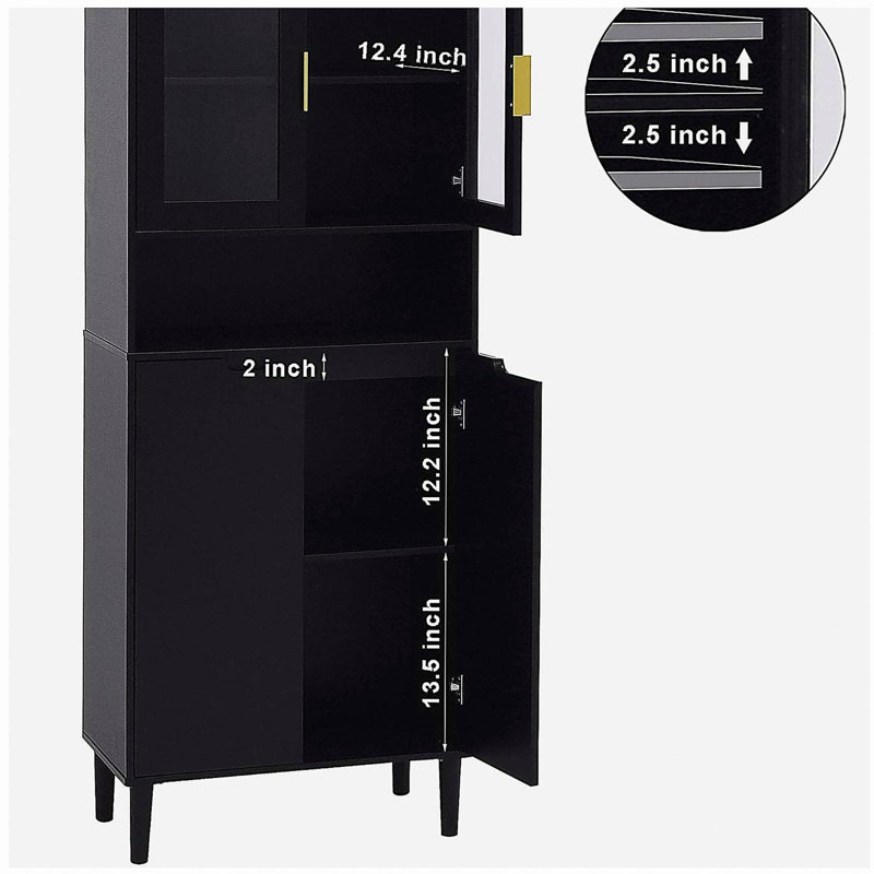 Tempered Glass Door Tall Storage Bookcase with Adjustable Shelves, 4 Doors MDF Cabinet for Living Room or Bedroom, Black