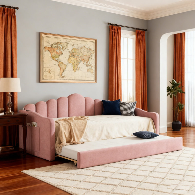 Upholstered Twin Size Daybed with Adjustable Height Pop Up Trundle Twin Bed and USB & Type-C Charging Port, Day Bed Frame with 2 Side Pockets