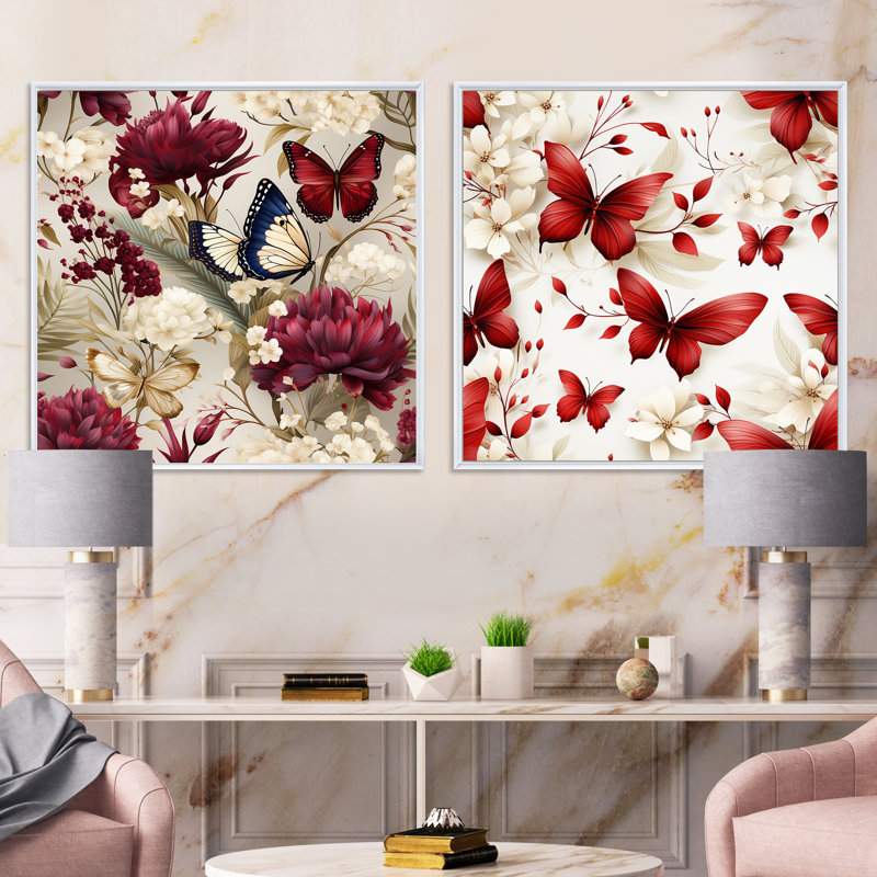 Papillon, ensemble de 2 papillons carrés, Cadre flottant blanc, H 36 po x l 73 po