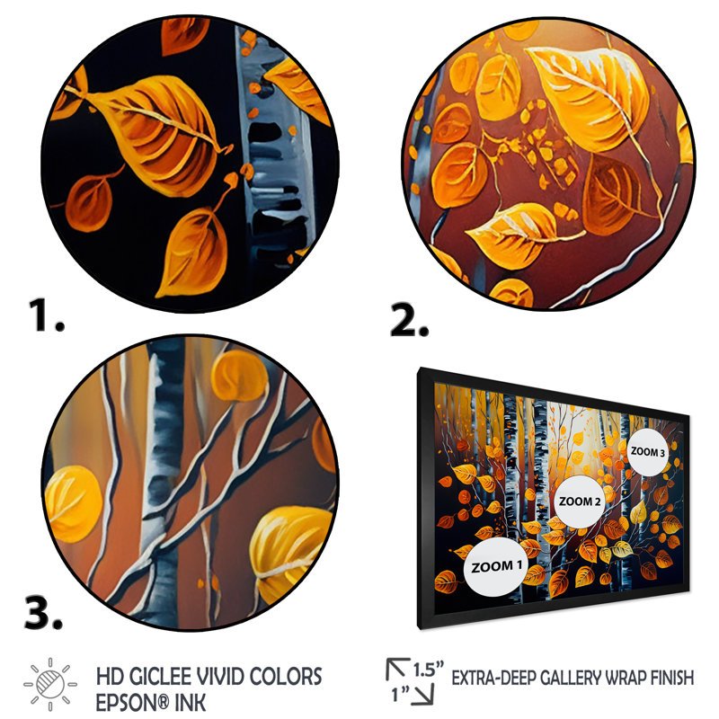 Into A Golden Birch Forest IV - Paysage, art mural sur toile, L 20 po x H 12 po, Cadre photo noir