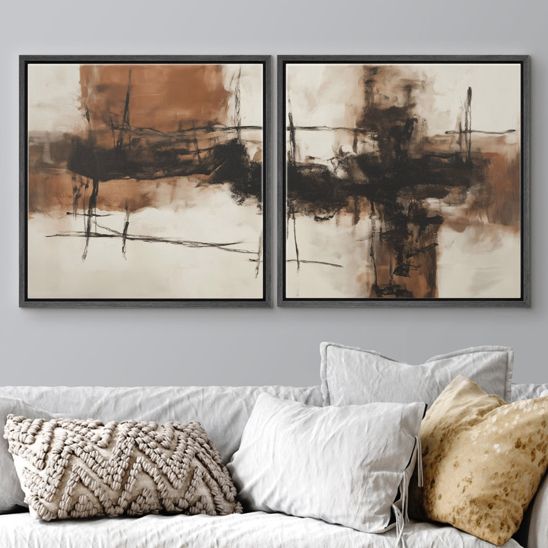 «Warm Brown», impression abstraite de forme neutre encadrée dans la chambre des maîtres, 2 pièces, Cadre flottant noir