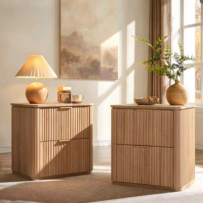 Nightstand 2-drawer Nightstand with 1.97" Thick Fluted Side Panels and Faux Marble Top