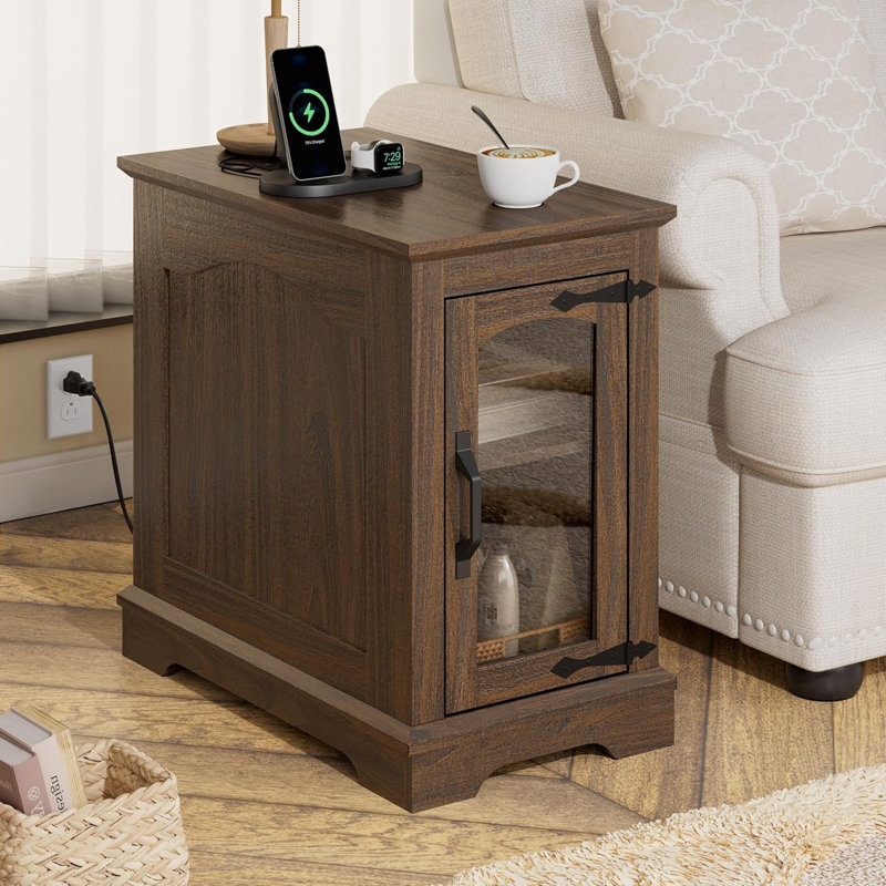  Table de bout étroite avec station de charge et rangement, noyer, Noyer