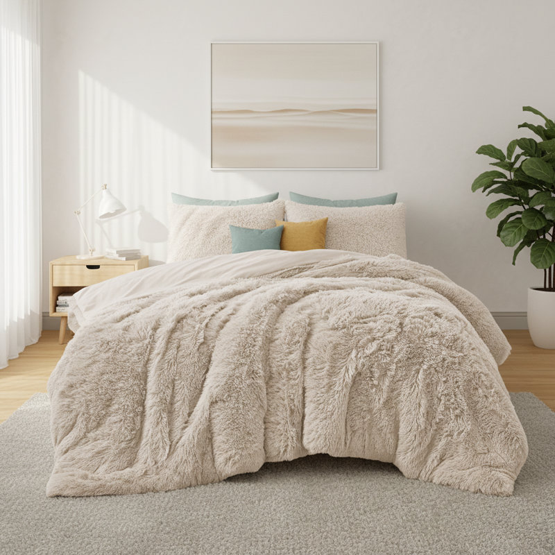 Ensemble d'édredon moelleux et moelleux en fausse fourrure, Courtepointe pour très grand lit + 2 taies d'orei, Crème