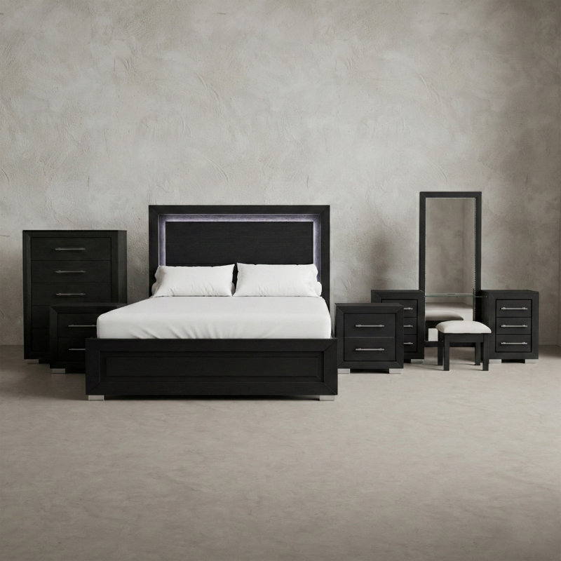 Belleterre 5-Piece Bedroom Set With Makeup Vanity, 5 Pcs: Bed, Vanity, 2 Nightstands, Chest, California King