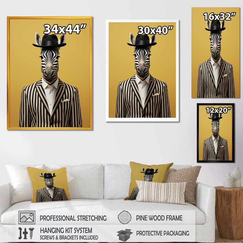 Chic Zebra suit - Art mural animal zèbre, Cadre doré simple, H 20 po x l 12 po x P 1 po