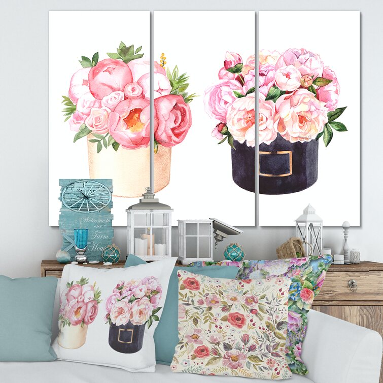 Bless international Flower Box With Peonies And Rose On Canvas 3 Pieces ...