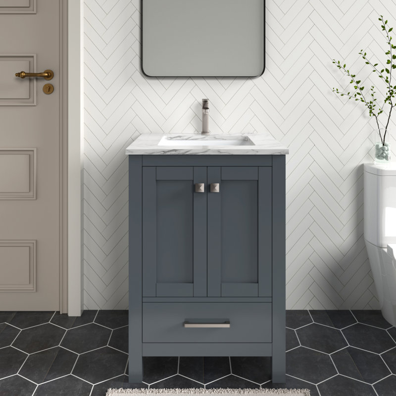 Ensemble de meuble-lavabo autoportant Amandie 24 po gris anthracite avec plateau en marbre de Carrare, Gris foncé