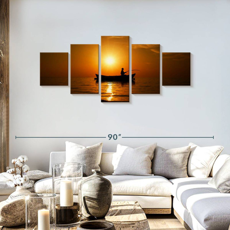 Pêche au coucher du soleil, H 30 po x l 68 po