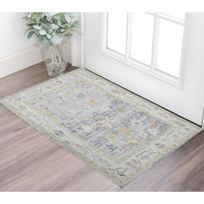Tapis oriental bleu tissé à la machine 2 pi x 3 pi ivoire et orange