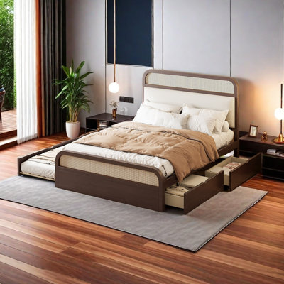 Grand lit plateforme en bois avec lit gigogne et 2 tiroirs