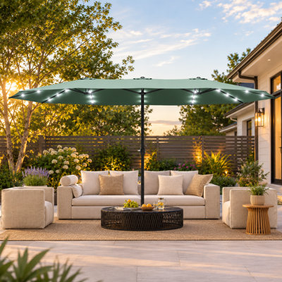 Parasol rectangulaire double face Traiden 4,57 m x 2,74 m avec éclairage solaire à DEL et base