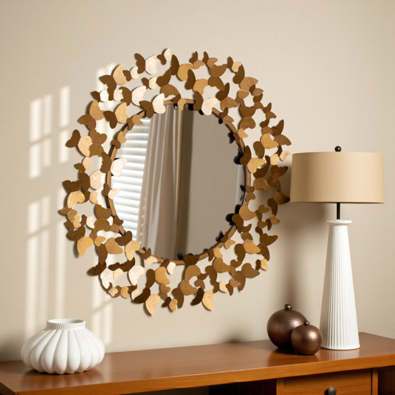 Flat Gold Finished Butterfly Round Wall Mirror, 35.85'' H X 35.85'' W X 1.63'' D