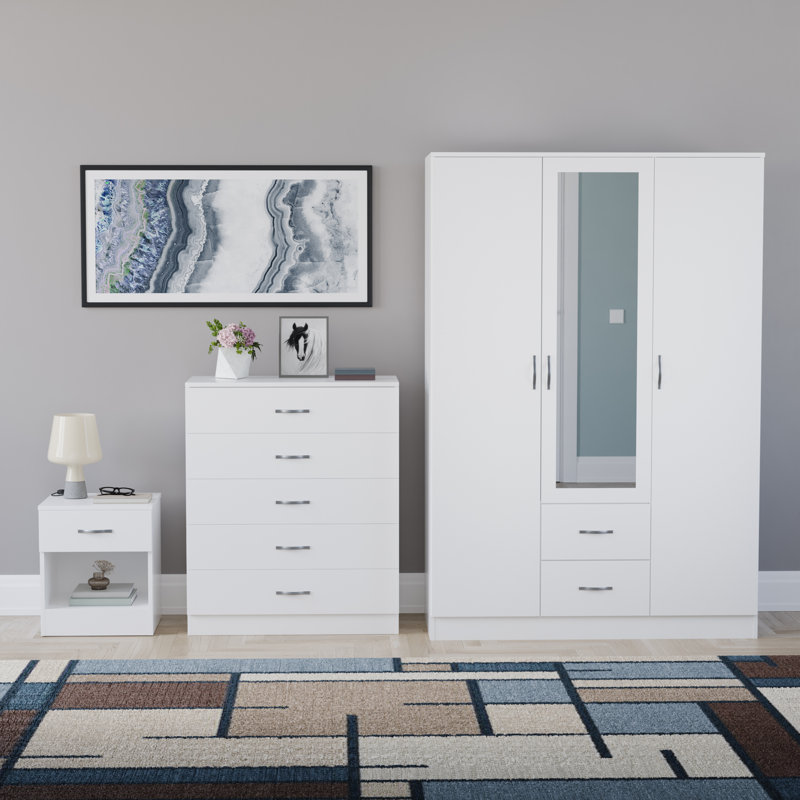 Maybery 3 Piece Bedroom Set (1 Drawer Bedside Chest, 5 Drawer Chest, 3 Door 2 Drawer Mirrored Wardrobe), (5), White
