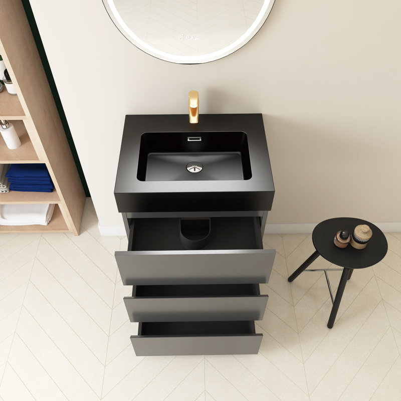 Meuble-lavabo autoportant à simple cuve 24 po Rokeya, Noir, Gris