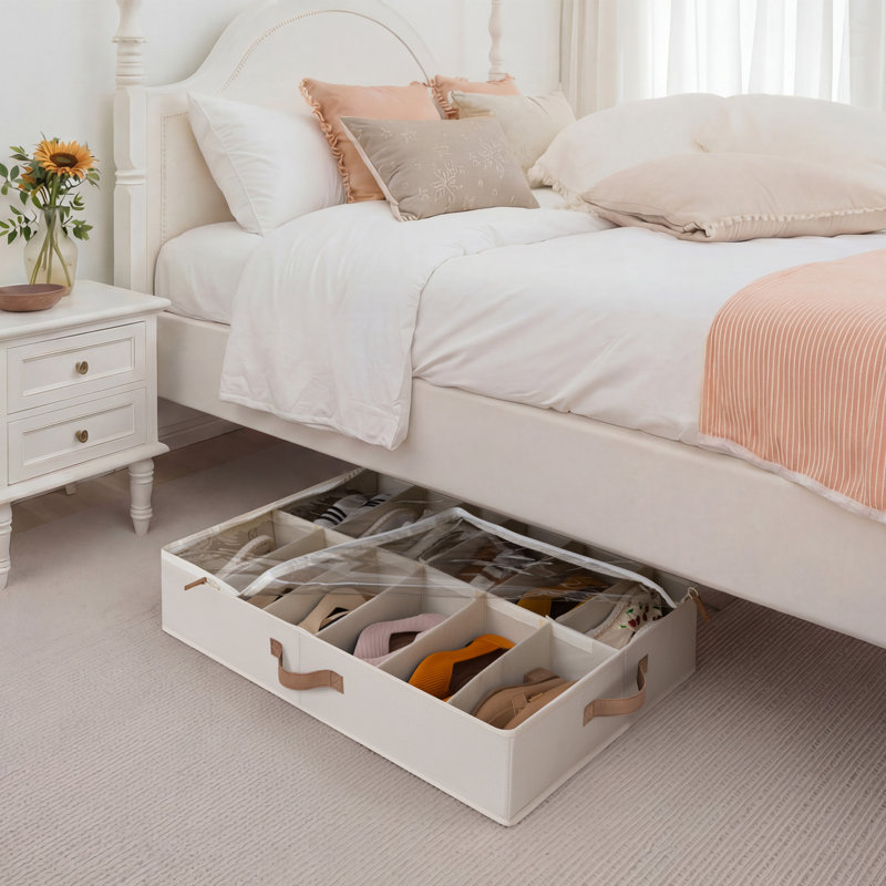 Fabric Shoe Storage Containers with Adjustable Dividers, Under Bed Shoe Organizer fits up to 24 Pairs, White, White