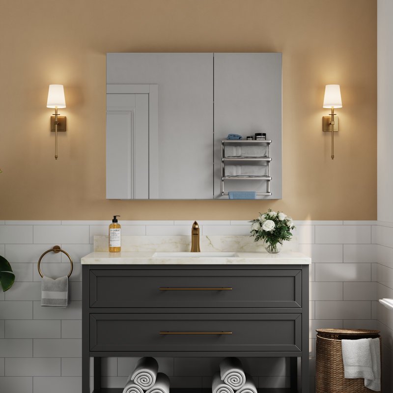 Armoire à pharmacie rectangulaire en aluminium avec miroir, 91,4 cm (L) x 76,2 cm (H), à encastrer ou à fixer au mur, double porte, étagères réglables en verre trempé, grande capacité de rangement
