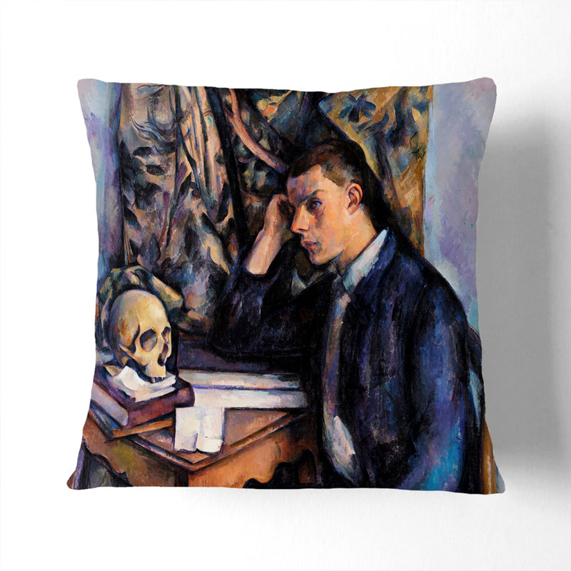 Young Man And Skull Square Throw Cushion, 40cm H x 40cm W x 15cm D