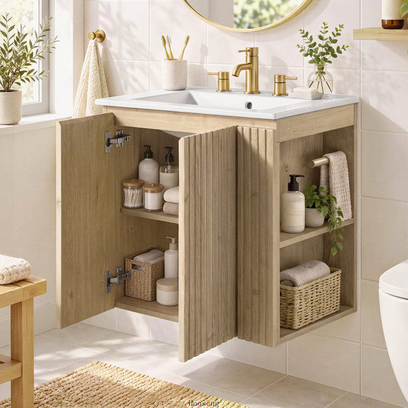 Meuble-lavabo mural 24 po avec lavabo en céramique, armoire à 2 portes, tablette ajustable en U et rangement latéral ouvert