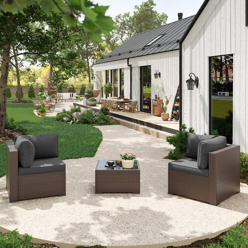 3 -Person Rattan Patio Safo With Cushions, Brown, Gray