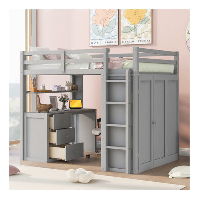Full Size Loft Bed With Drawers,Desk,And Wardrobe-Gray