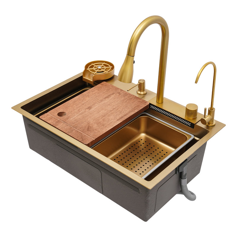 Oukaning Modern Rectangular Kitchen Sink with Single Bowl and Faucet, Gold
