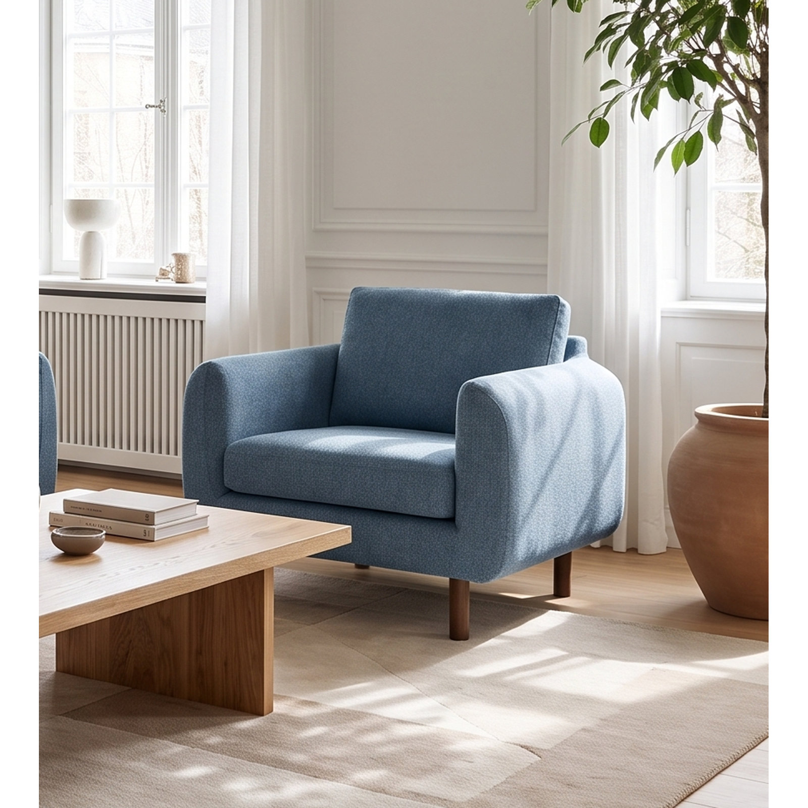 Leno Oak and Pine Armchair, Angel Sky Blue Performance Chenille