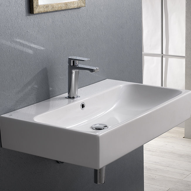 Lavabo de salle de bain mural rectangulaire en céramique avec trop-plein Pinto, Monotrou