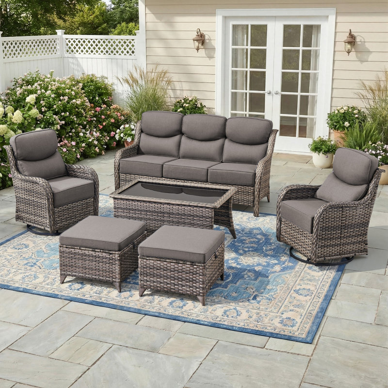 7 - Person Luxury Wicker Patio Furniture Set With Coffee Table & 6-Inch Extra-Thick Cushion Swivel Chairs, Gray, Gray