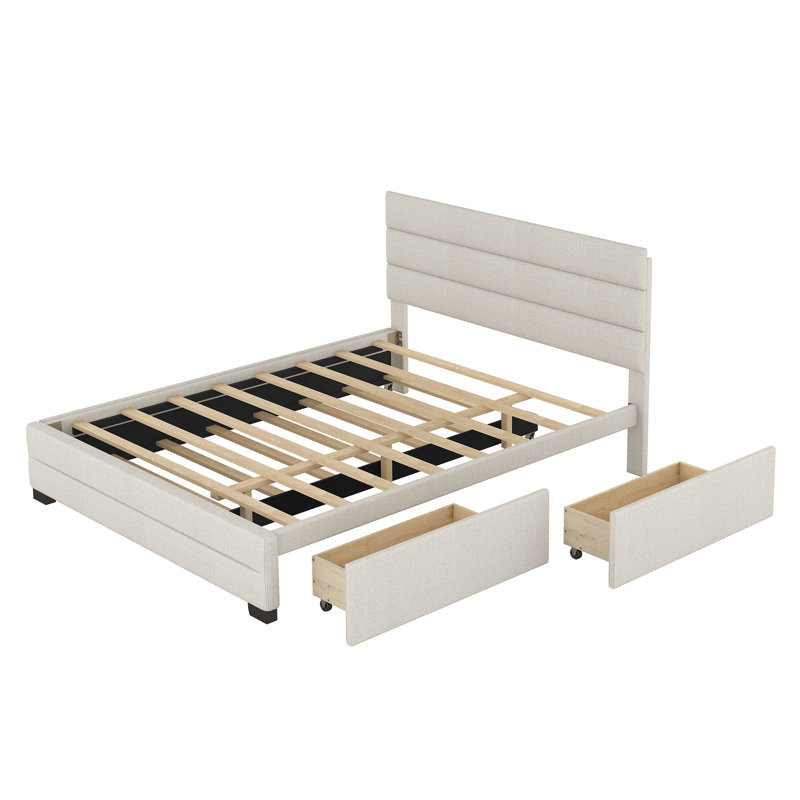Upholstered Platform Bed,Bed Frame With Trundle And Drawers, Beige