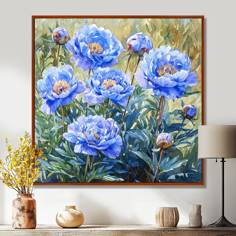 Pivoines bleues et vertes - art mural pivoines, H 36 po x l 36 po, Impression encadrée flottante, Brun