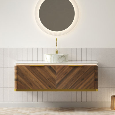 Dipa 48" Bathroom Vanity&sink, Floating Plywood Storage Cabinet, Drawers With Handle&sensor Light, Stone Pattern Ceramic Vessel Basin&sintered Stone Top, Pre-assembled, Dark Walnut Woodgrain Colour