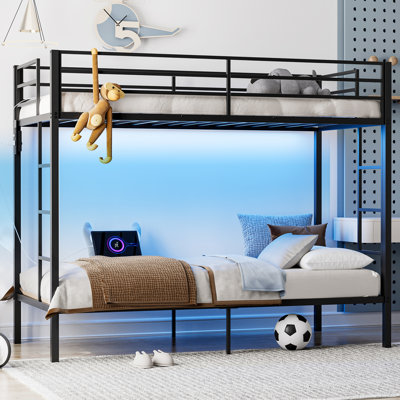Isabelle & Max™ Metal Twin XL Over Twin XL Bunk Beds with LED Lights and Charging Station, Heavy Duty Metal Bunk Bed Frame with Safety Guardrail & 2 Ladders, Space-Saving Design, No Box Spring Needed, Black