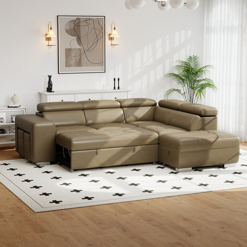 104" L Shape Sectional Sleeper Sofa 2 in 1 Convertible Sleeper Sofa With Pull Out Bed And 2 Stools, Light Brown Polyester