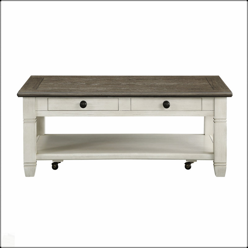 Table de cocktail moderne en bois brun et blanc antique avec roulettes, 2 tiroirs et tablette inférieure pour le salon