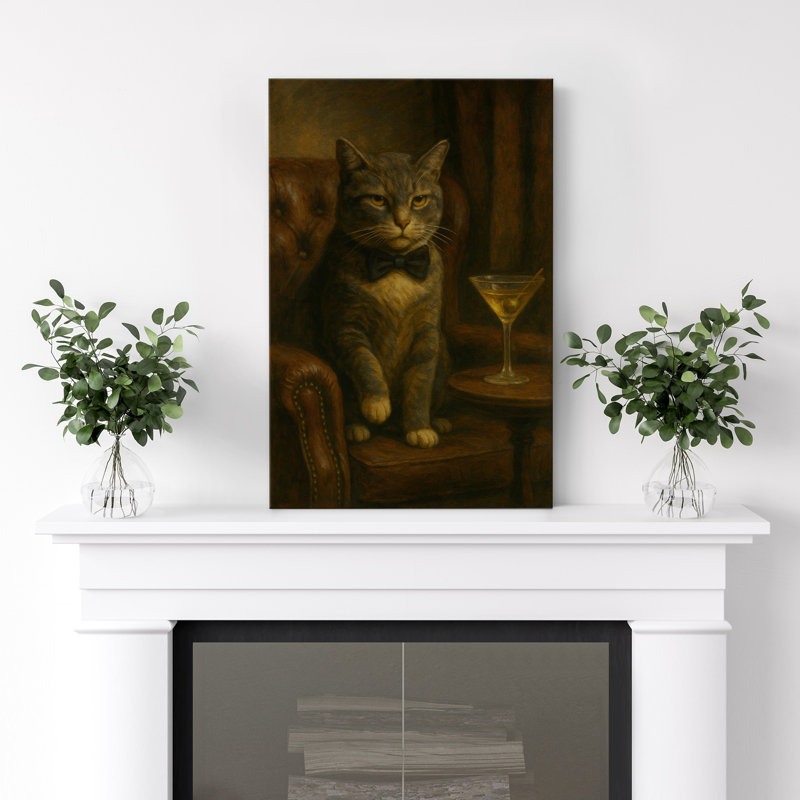 Chat avec martini, art mural sur toile, Toile tendue, Ne s’applique pas, H 18 po x l 12 po