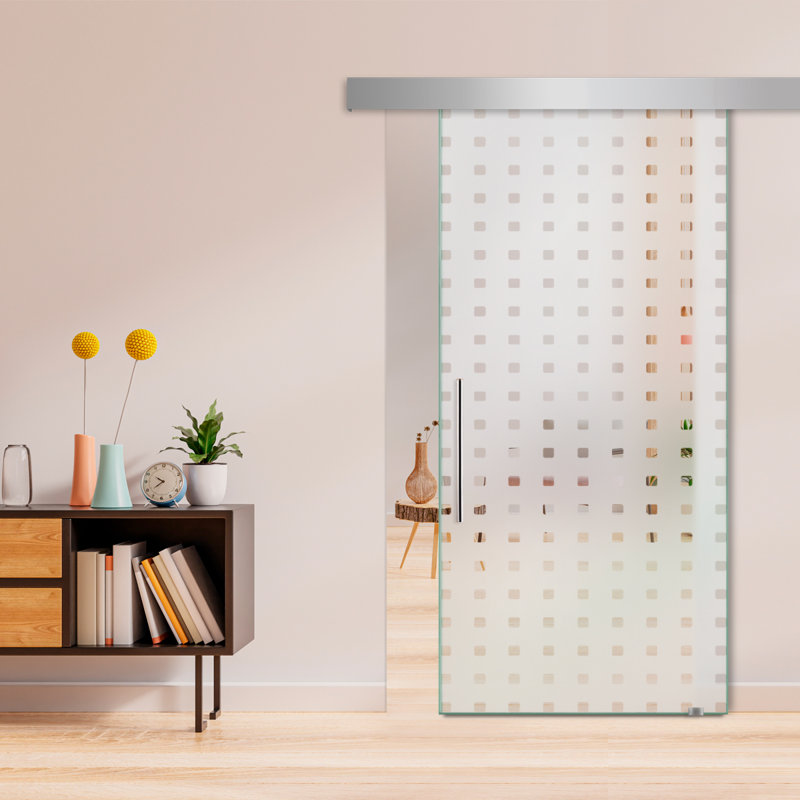 Porte de grange coulissante en verre sans cadre avec design moderne givré + ensemble de quincaillerie (semi-privée)