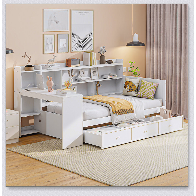 Lit de jour en bois avec 3 tiroirs, ports USB et bureau, Blanc