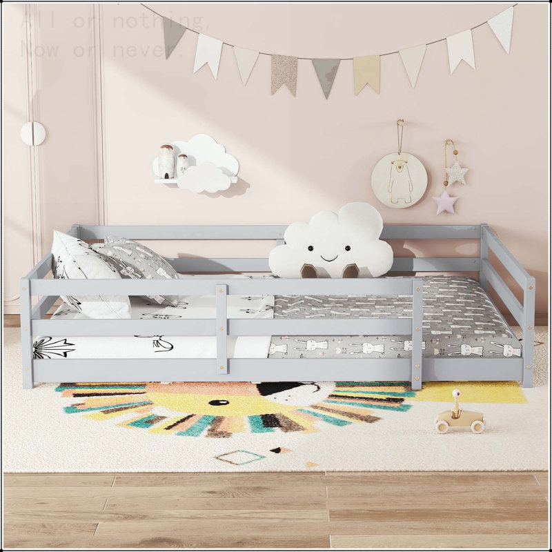 Lit double sur pied avec clôture Montessori, Gris, Lit double