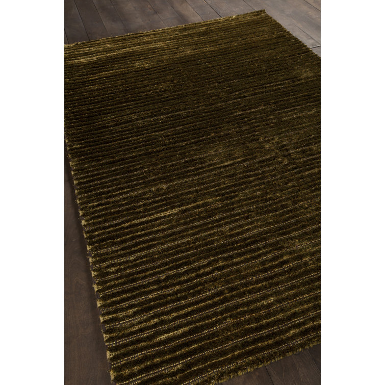 Betancourt Brown, Green & Gold Hand-Woven Striped Modern Wool & Polyester Shag Area Rug