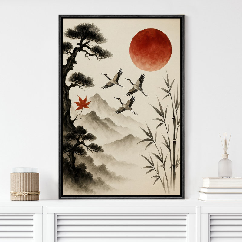 «Red Sun with Flying Cranes and Bamboo in Asian-Inspired Landscape», reproduction d'art sur toile encadrée