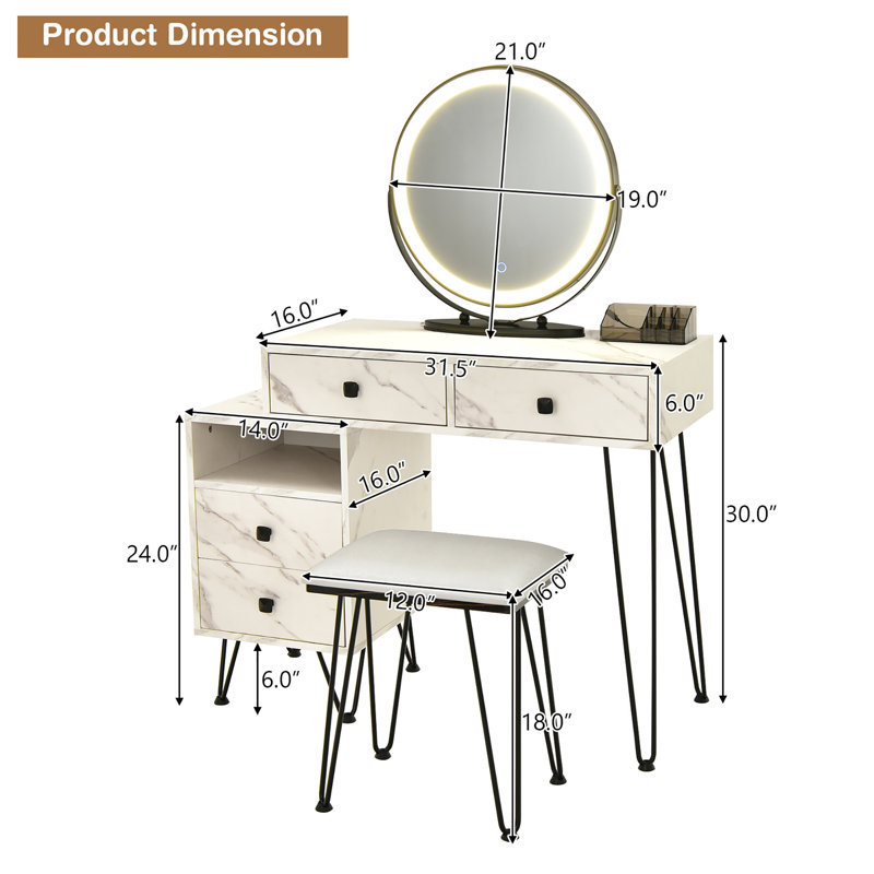 Bedroom Makeup Vanity Dressing Table Stool Set with 3 Colors Lighted Mirror Large Storage Cabinet Drawer, White/Black