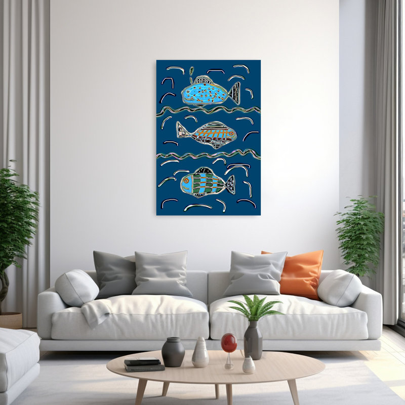 «Whimsical Ocean Fish», art mural abstrait coloré et ludique, océan tropical, H 60 po x l 40 po
