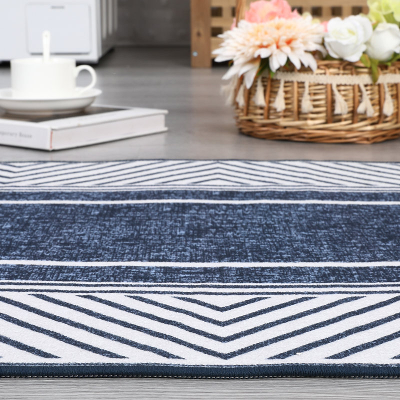 Washable Area Rug for Living Room Bedroom Office - Modern Minimalist Geometric, Non-Slip Rubber Backing, Low Pile, mark Resistant, Bordered Carpet - Blue, 9ft x 12ft (274cm x 366cm), USA Stock