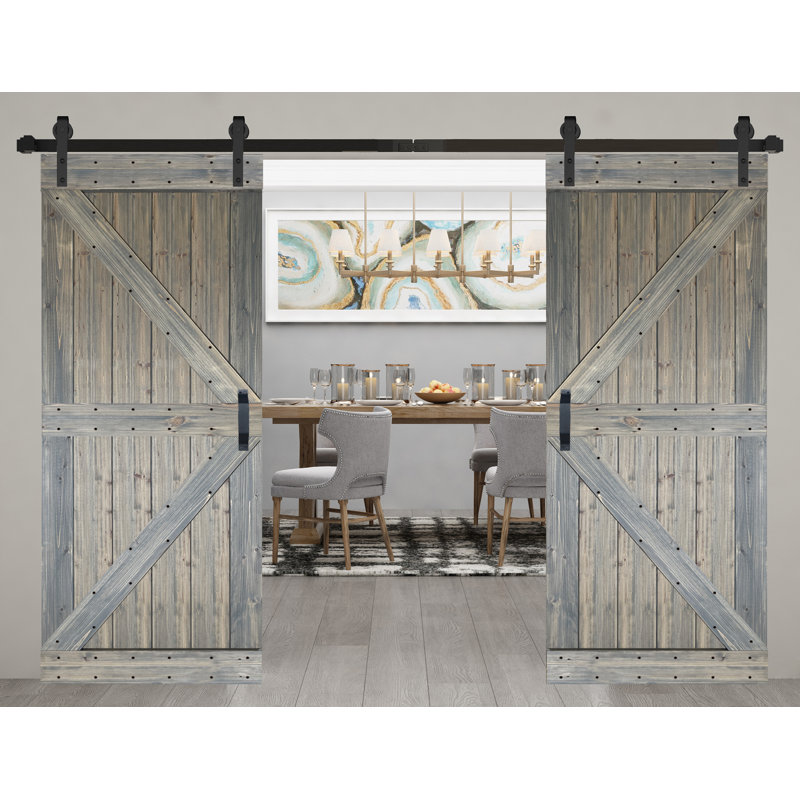 Porte de grange coulissante double en bois massif de style K avec ensemble de quincaillerie - Assemblage requis