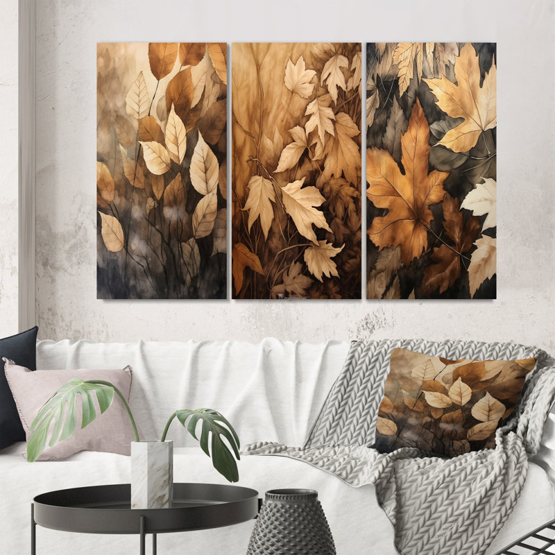 «Brown Beige Leafs» Harmony V - ensemble d'art mural encadré floral de 3, Toile tendue, H 20 po x l 36 po